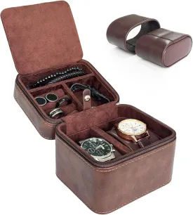 2 Watch Travel Case for Men- PU Leather & Suede Lined Portable Protection, Compact Jewelry Organizer for Wristwatches, Rings, Cufflinks (Brown)