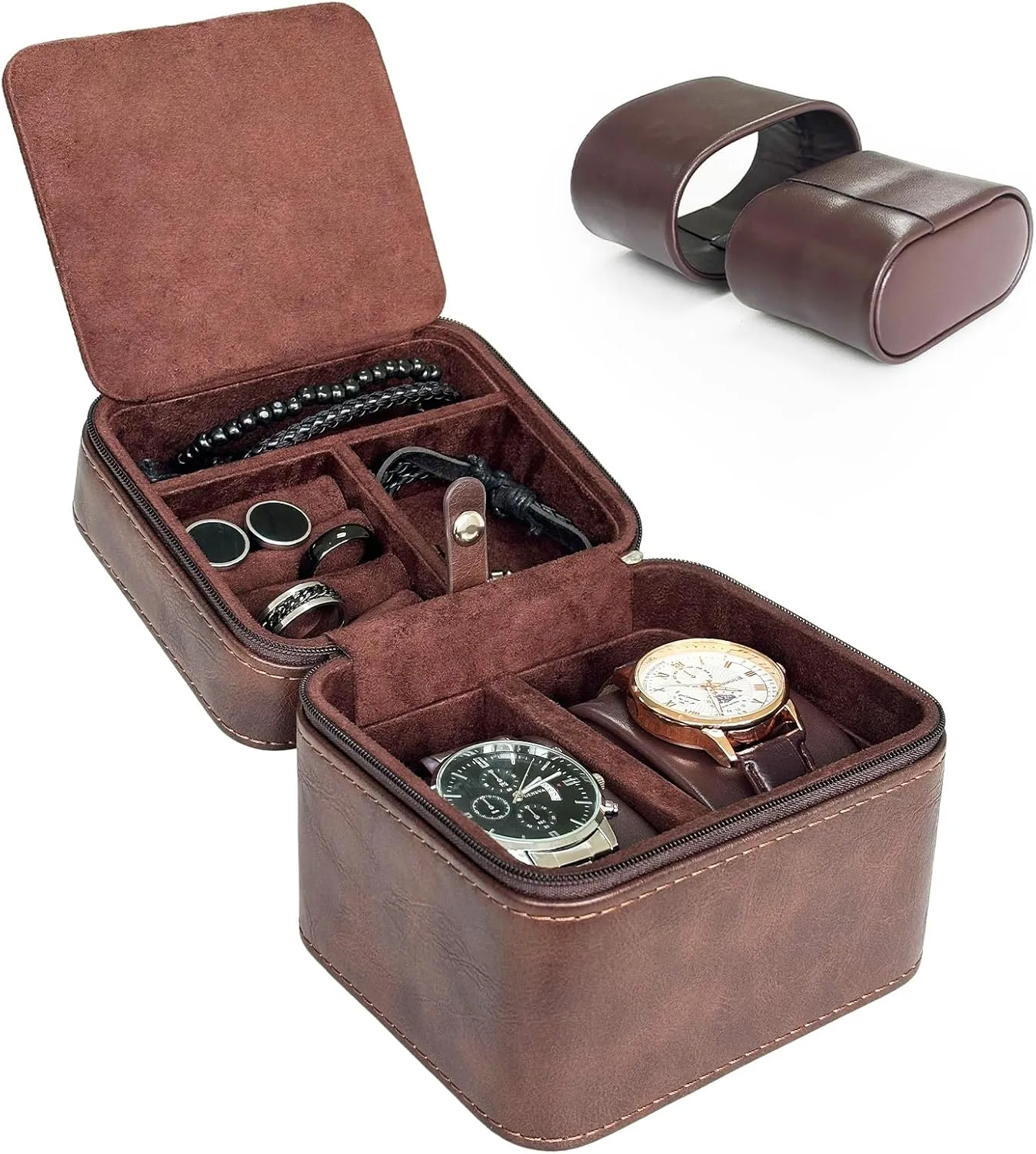 2 Watch Travel Case for Men- PU Leather & Suede Lined Portable Protection, Compact Jewelry Organizer for Wristwatches, Rings, Cufflinks (Brown)