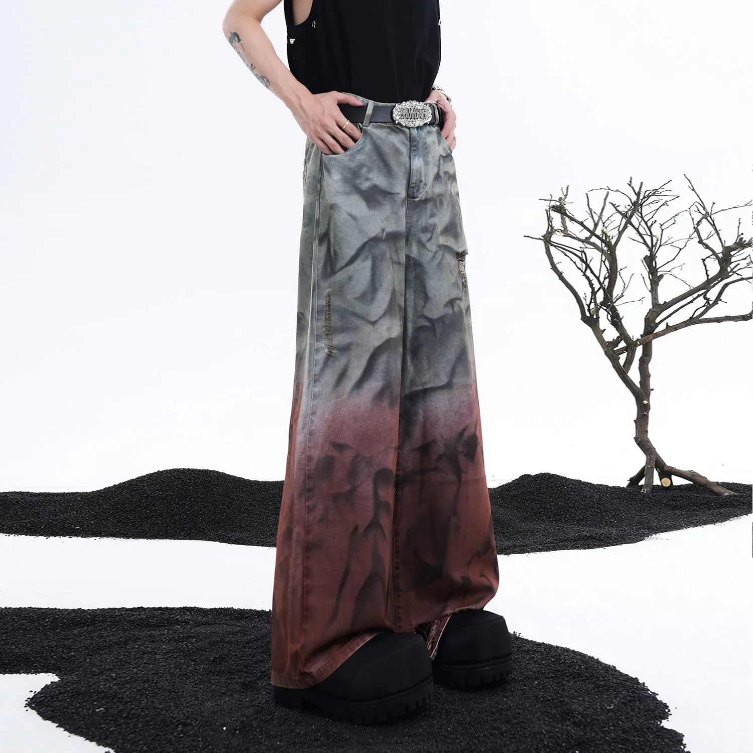 【24s Aug.】3D Ripped Gradient Washed Wide-leg Jeans