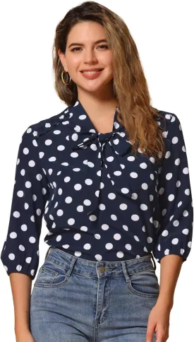 Allegra K Women's Printed Ruffle Shoulder Elastic Cuff Bow Tie Neck Blouse
