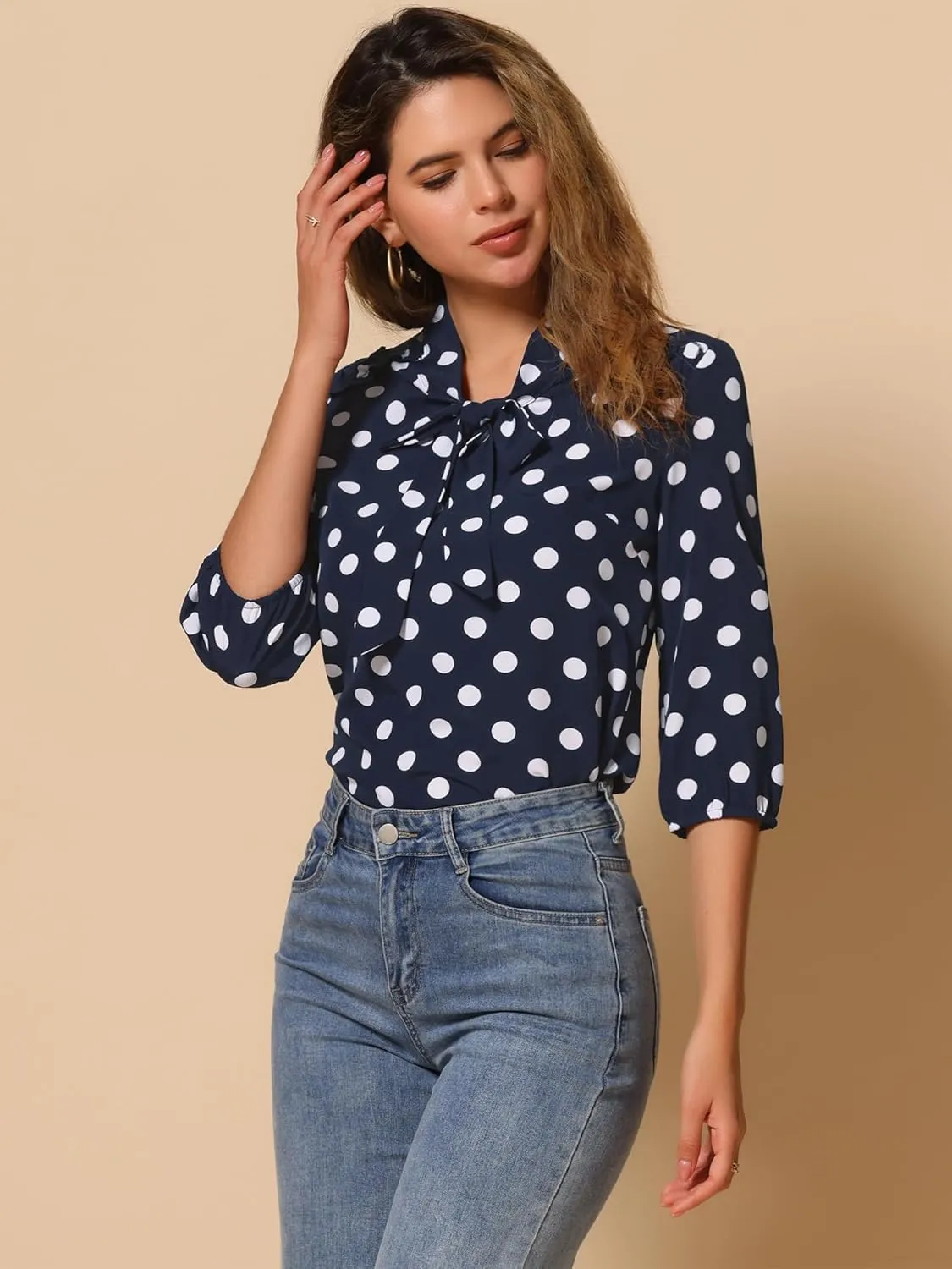Allegra K Women's Printed Ruffle Shoulder Elastic Cuff Bow Tie Neck Blouse
