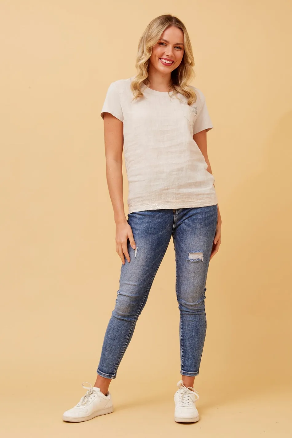 AMARI SEQUIN DETAIL LINEN TOP