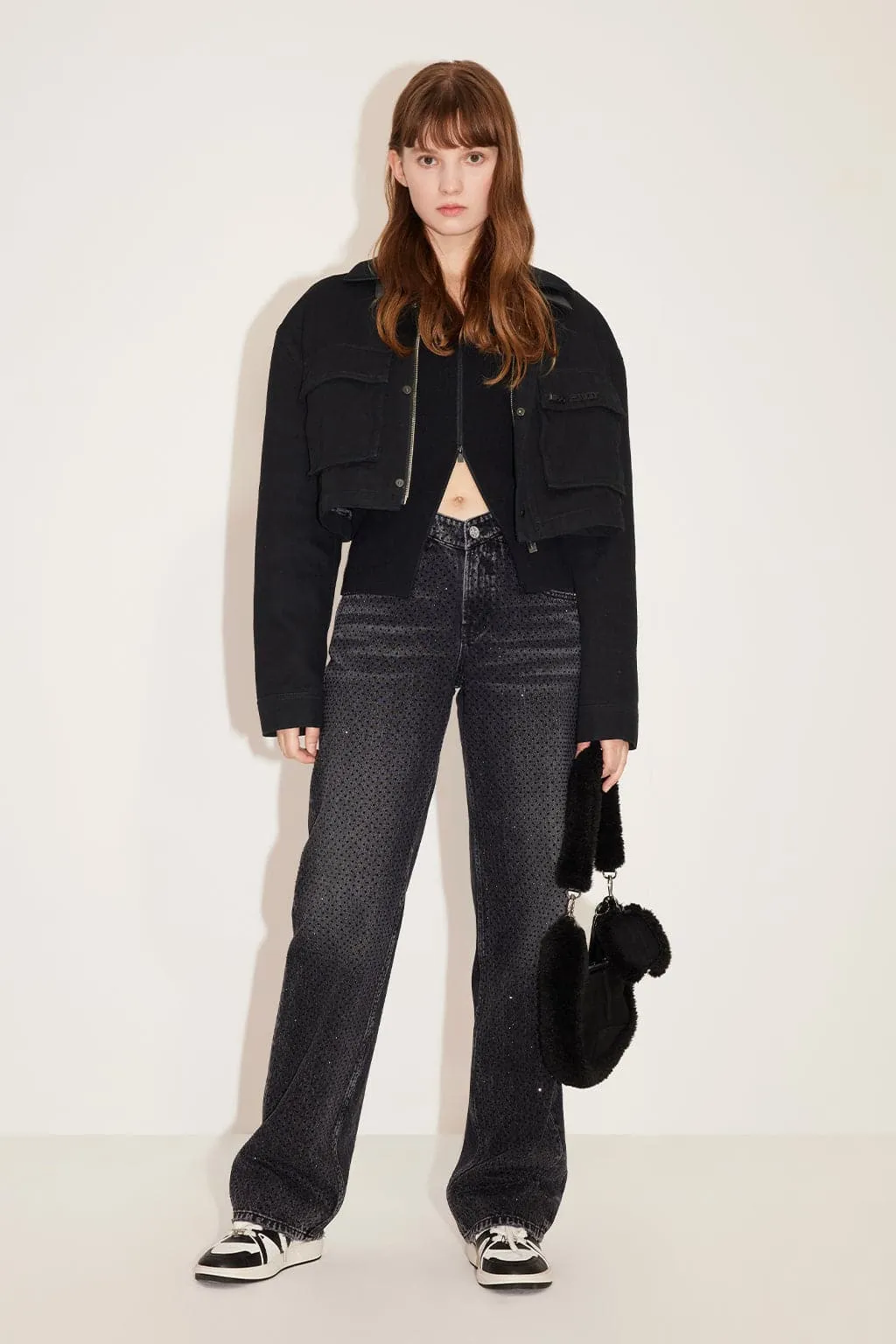 Black And Gray Hollow Butterfly Waist Crystals Straight Jeans