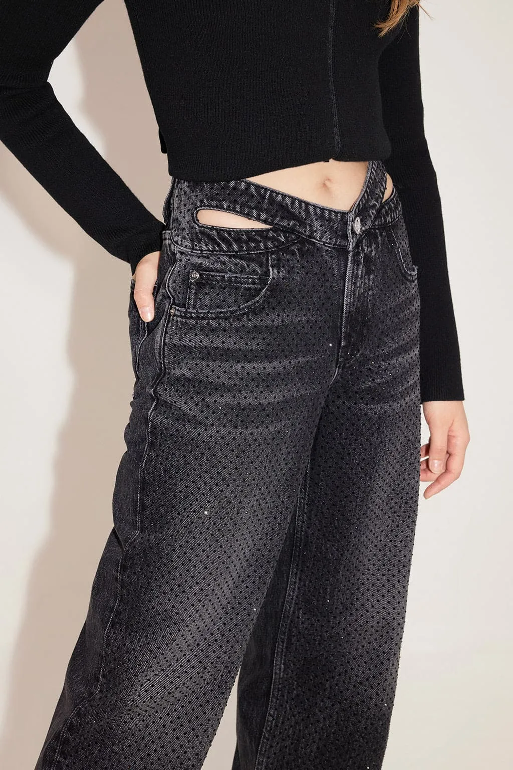 Black And Gray Hollow Butterfly Waist Crystals Straight Jeans