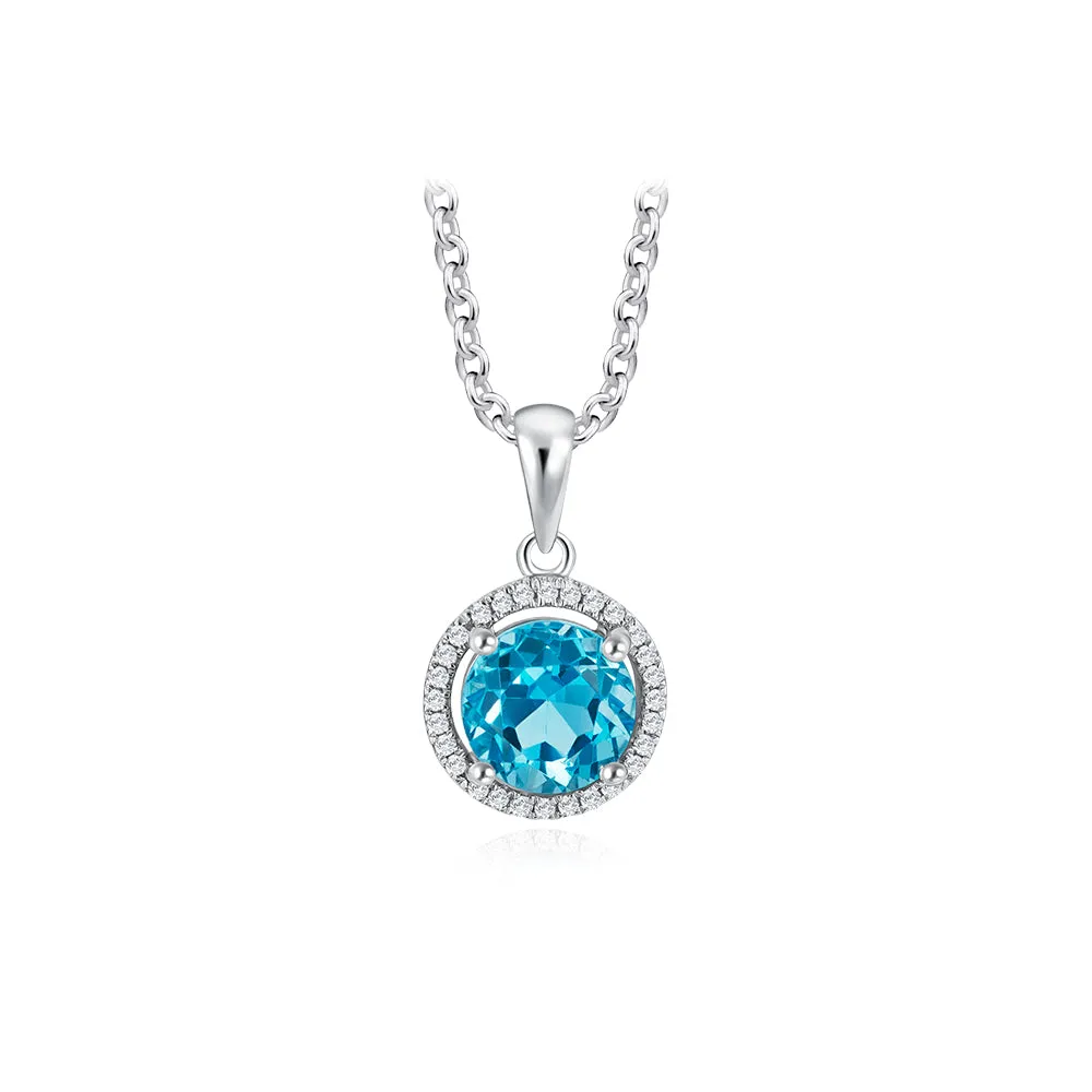Blue Topaz Diamond Halo Pendant