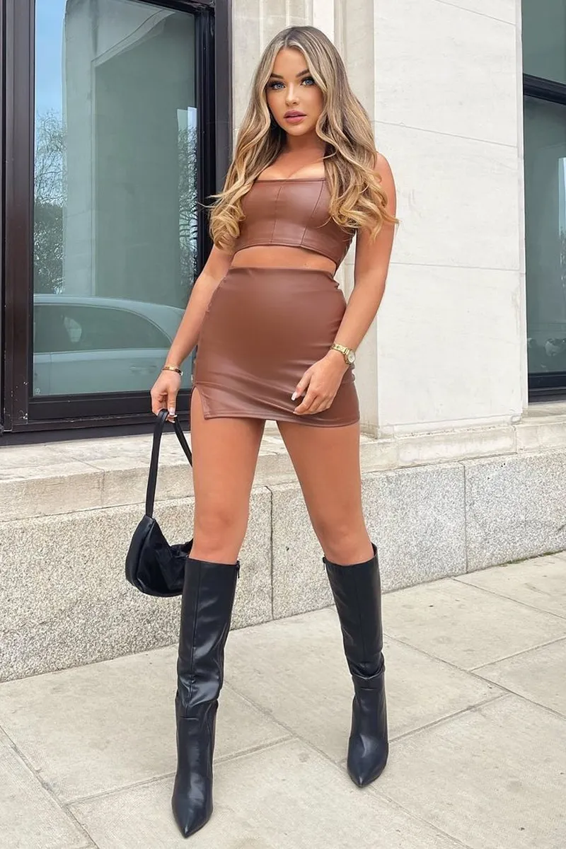 Brown PU Leather Corset Crop Top - Roxa