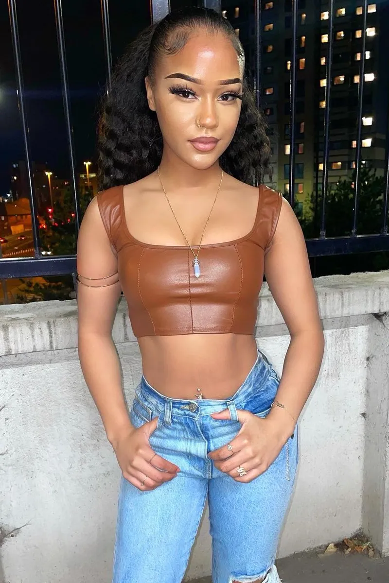 Brown PU Leather Corset Crop Top - Roxa
