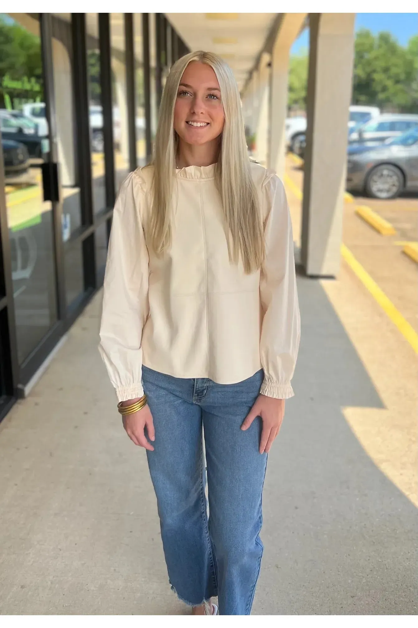 Cream Cotton and Leather Long Sleeved Top