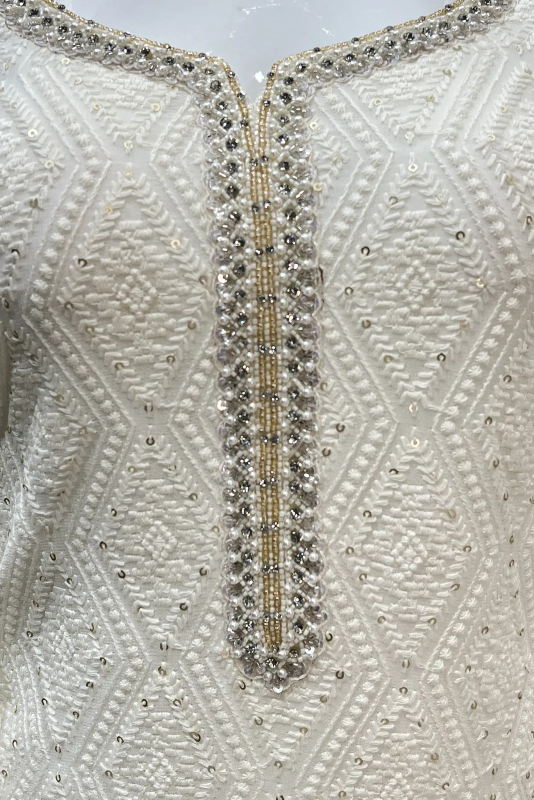 Cream Lucknowi, Stone, Sequins and Pearl work Straight Cut Salwar Suit