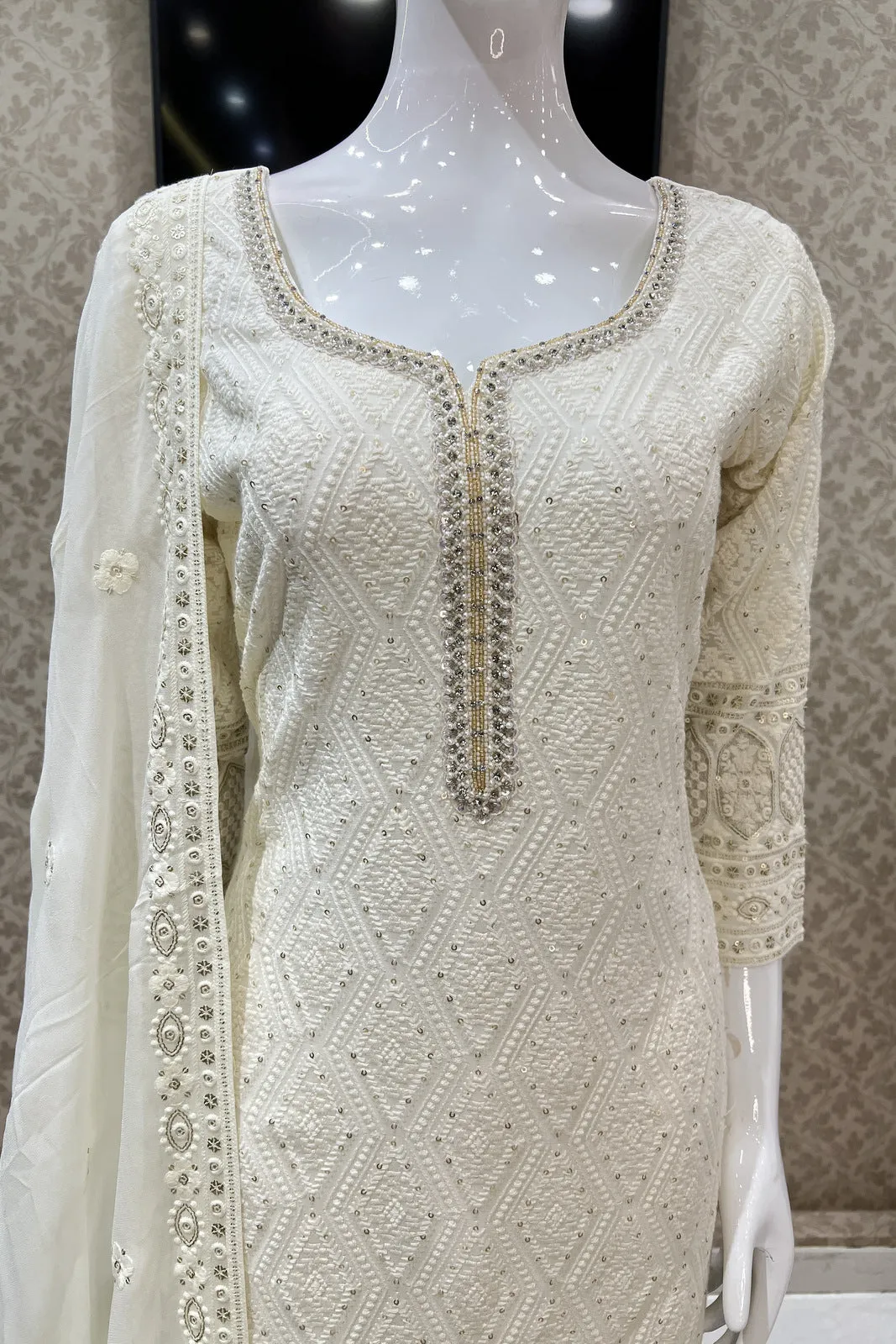 Cream Lucknowi, Stone, Sequins and Pearl work Straight Cut Salwar Suit