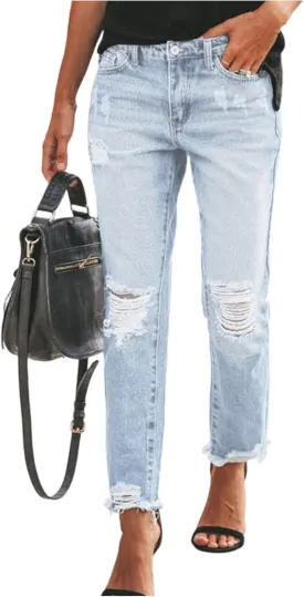 Cropped Straight Leg Jeans for Women Distressed High Waisted Stretch Capri Jeans Ripped Boyfriend Ankle Denim Pants