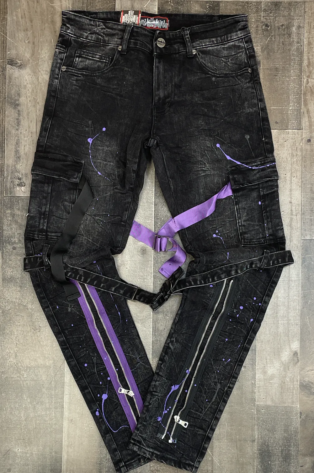 DENIMiCITY- black snow wash tactical denim with pur/black strap