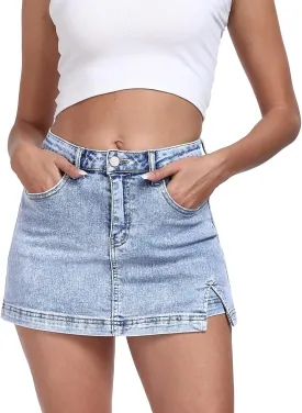 Dokuritu Denim Skort for Women Side Slit Stretch High Waisted Trendy Casual Summer Jean Skirt with Shorts Underneath