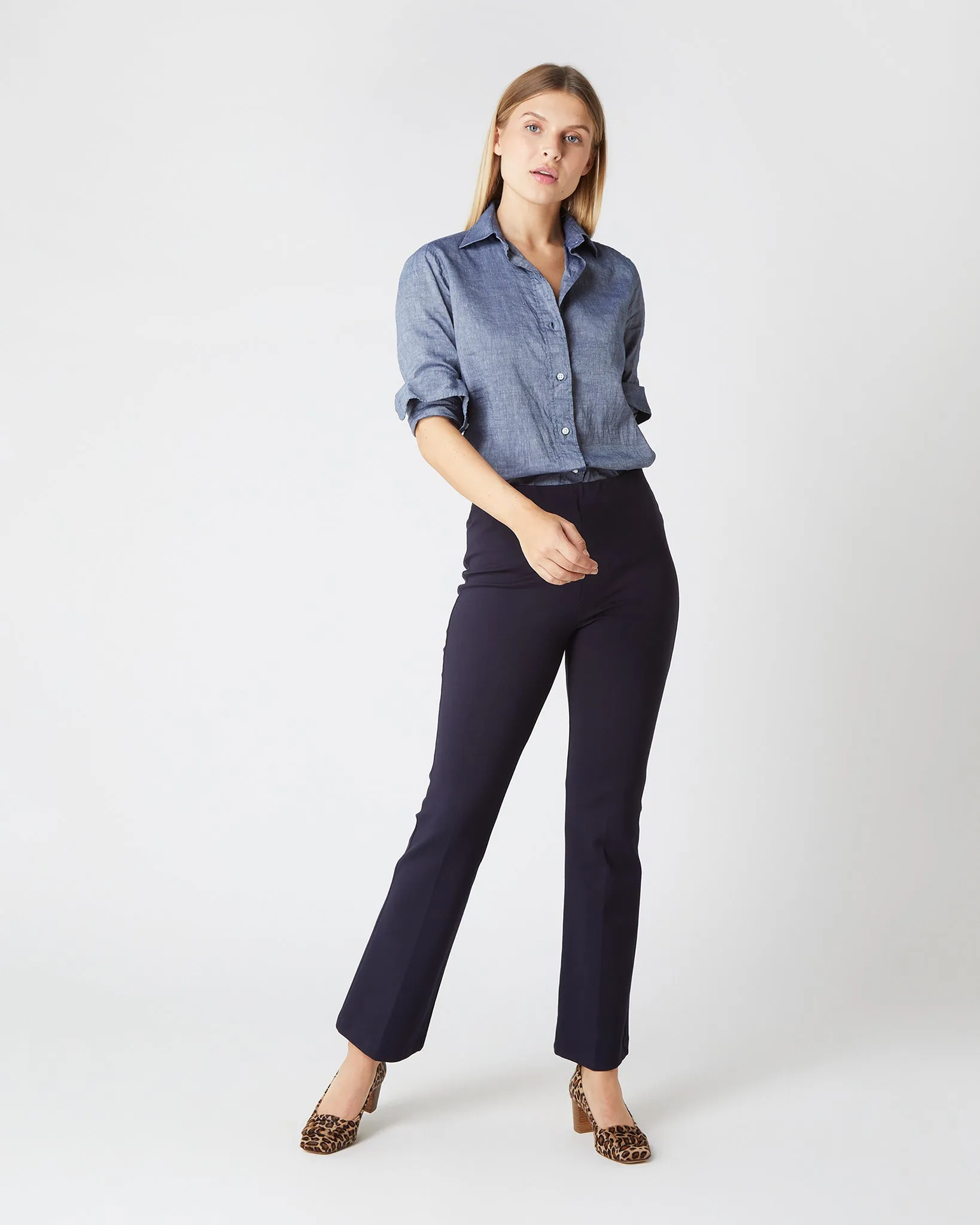 Faye Flare Cropped Pant in Navy Ponte Knit
