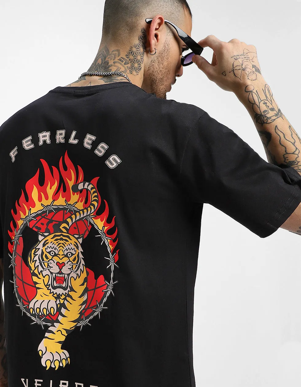 Fearless Black Oversized Back Graphic Printed Tshirt