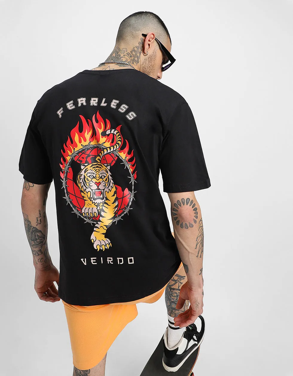 Fearless Black Oversized Back Graphic Printed Tshirt