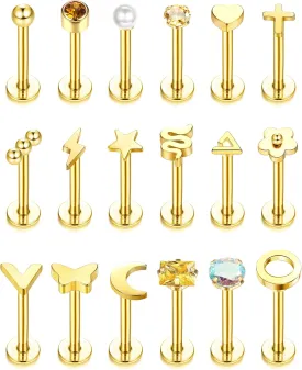 FIBO STEEL 18 Pcs 16G Forward Labret Helix Earrings Lip Nose Studs for Women Stainless Steel Tragus Medusa Conch Piercing Lip Jewelry Monroe Piercings Jewelry