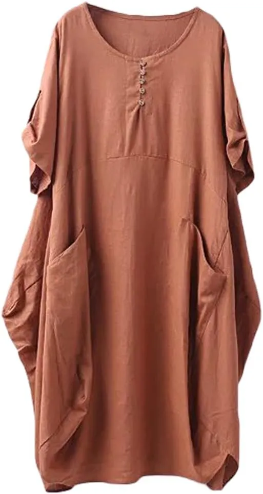 FTCayanz Women's Casual Tunic Dress Short Sleeve Plus Size Midi Dresses with Pockets