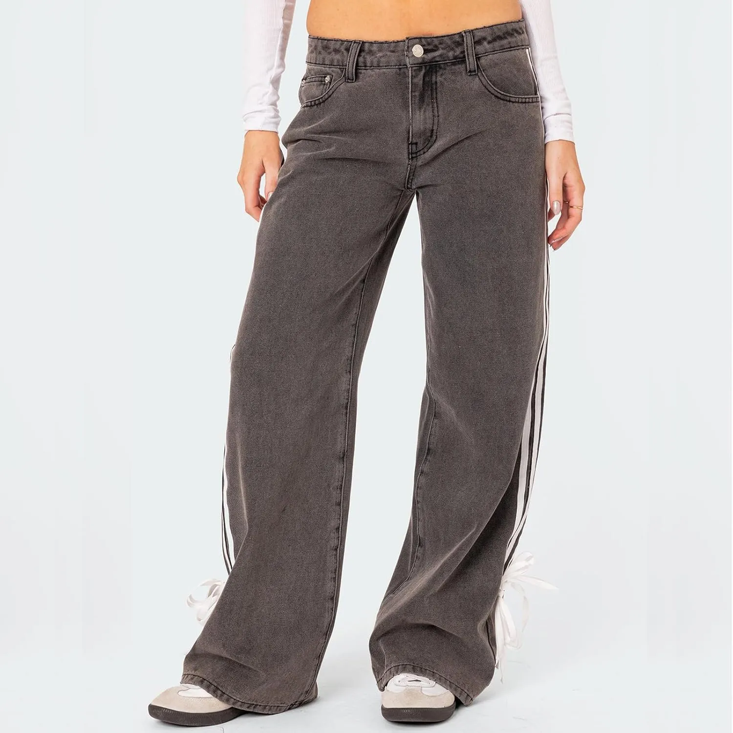 Giraropa Low Rise Jeans for Women Trendy Straight Leg Denim Pants Side Stripe Tie Bow Decor with Pocket Y2k Baggy Jeans