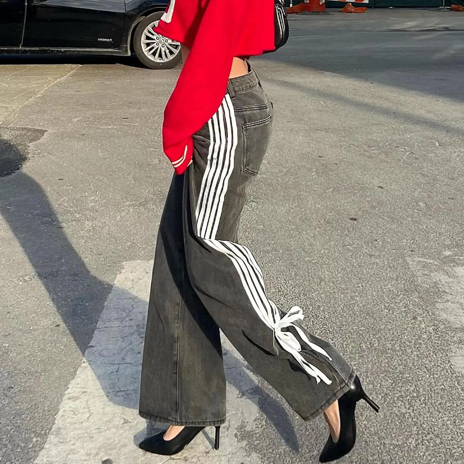 Giraropa Low Rise Jeans for Women Trendy Straight Leg Denim Pants Side Stripe Tie Bow Decor with Pocket Y2k Baggy Jeans
