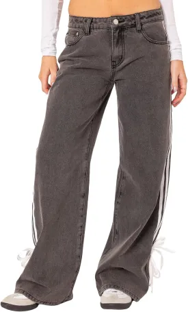 Giraropa Low Rise Jeans for Women Trendy Straight Leg Denim Pants Side Stripe Tie Bow Decor with Pocket Y2k Baggy Jeans
