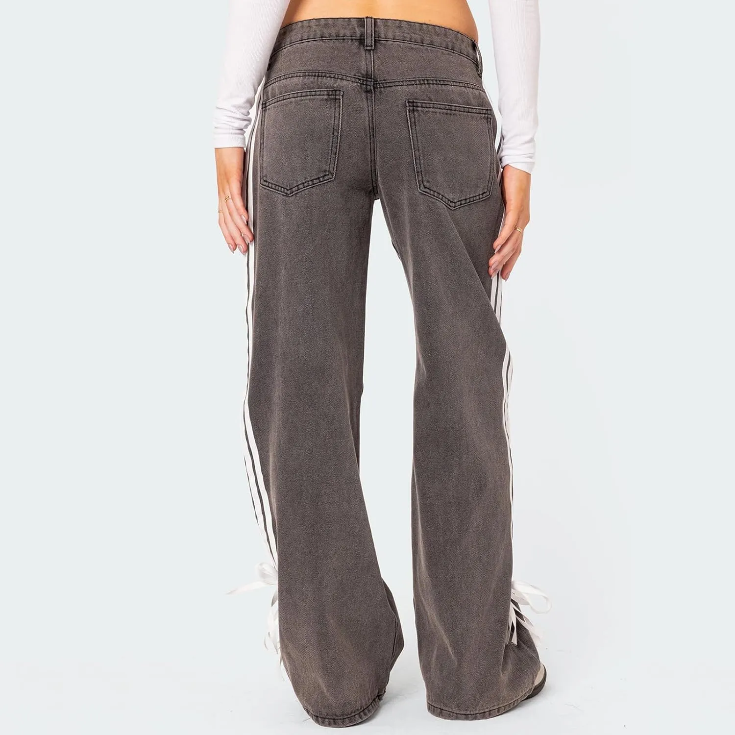 Giraropa Low Rise Jeans for Women Trendy Straight Leg Denim Pants Side Stripe Tie Bow Decor with Pocket Y2k Baggy Jeans