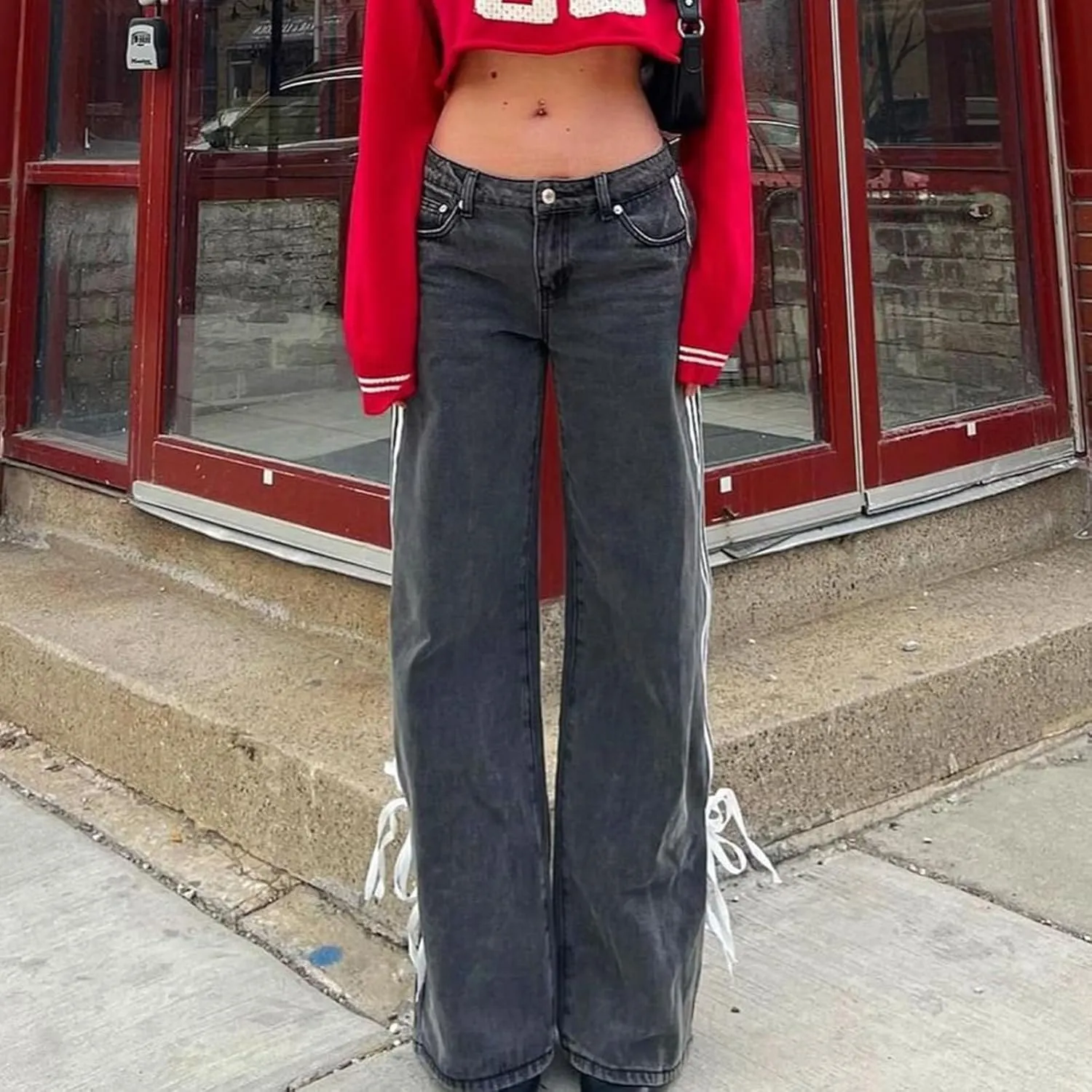 Giraropa Low Rise Jeans for Women Trendy Straight Leg Denim Pants Side Stripe Tie Bow Decor with Pocket Y2k Baggy Jeans