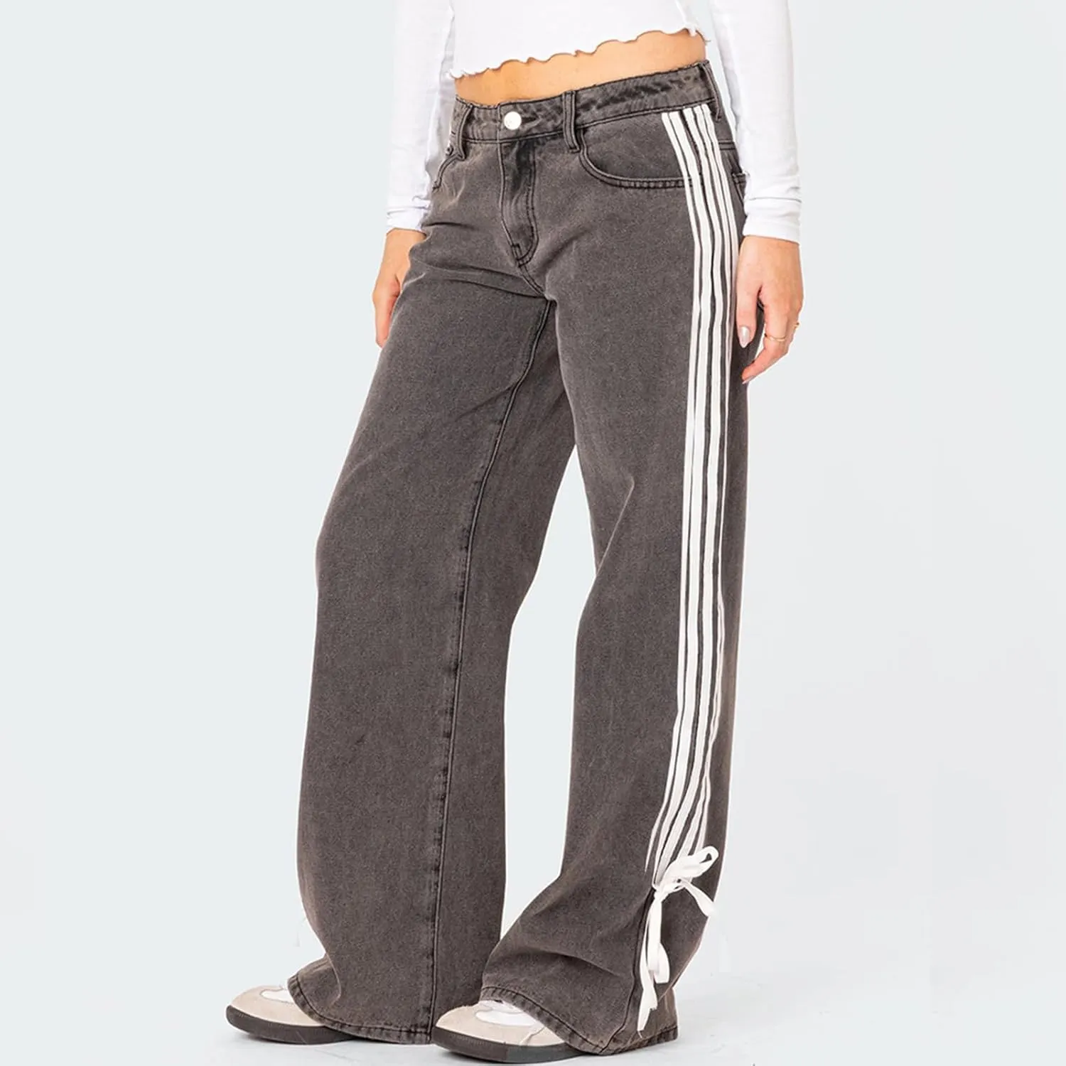 Giraropa Low Rise Jeans for Women Trendy Straight Leg Denim Pants Side Stripe Tie Bow Decor with Pocket Y2k Baggy Jeans