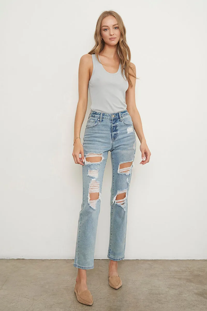 Holly Asymmetric Ripped Mid Rise Boyfriend Jeans