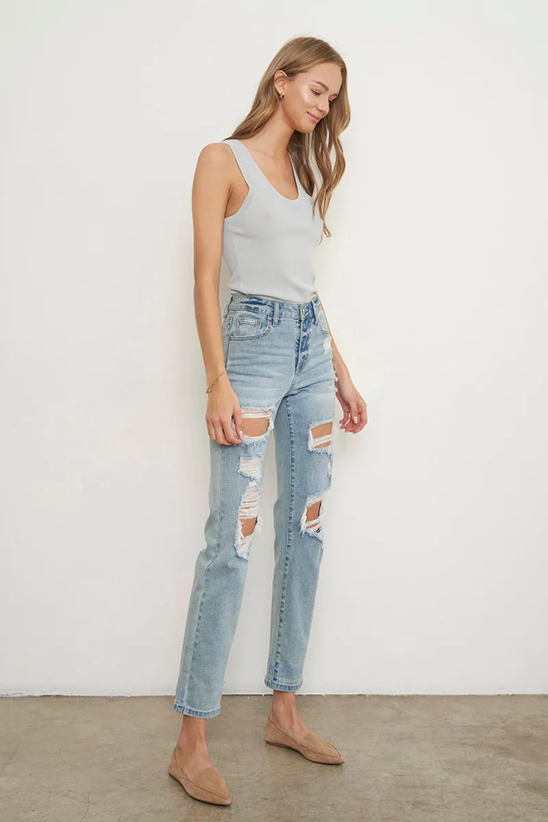 Holly Asymmetric Ripped Mid Rise Boyfriend Jeans