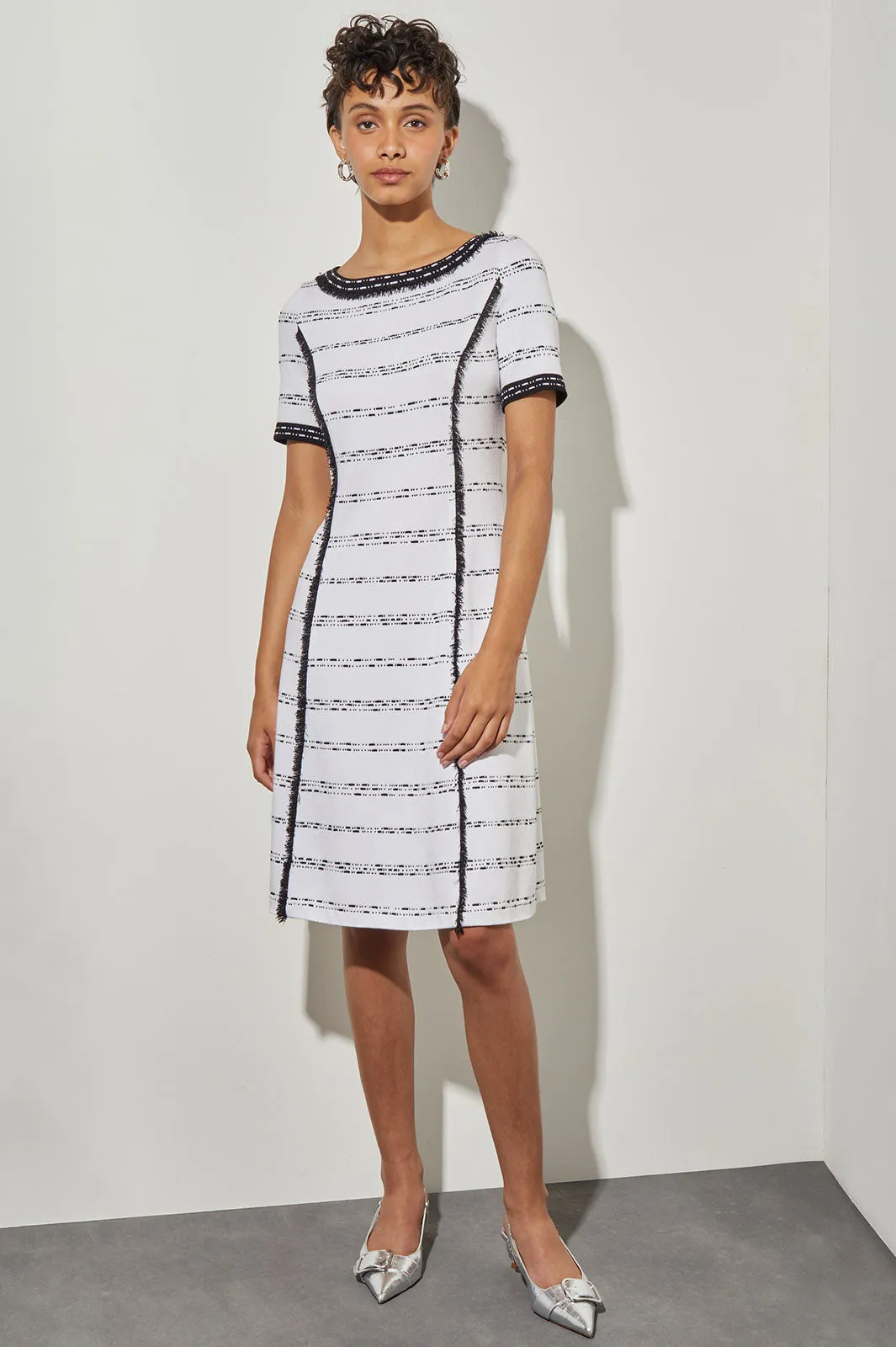 Knee-Length Fit & Flare Dress - Fringe Trim Soft Knit