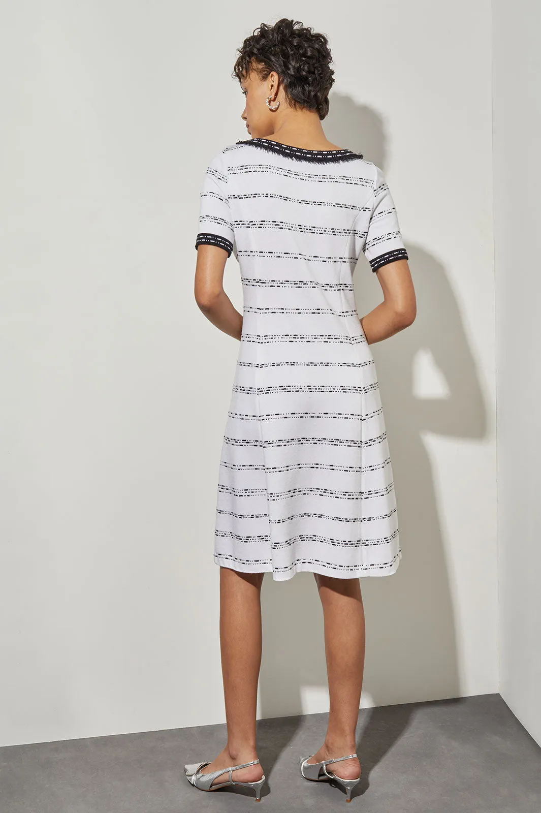 Knee-Length Fit & Flare Dress - Fringe Trim Soft Knit