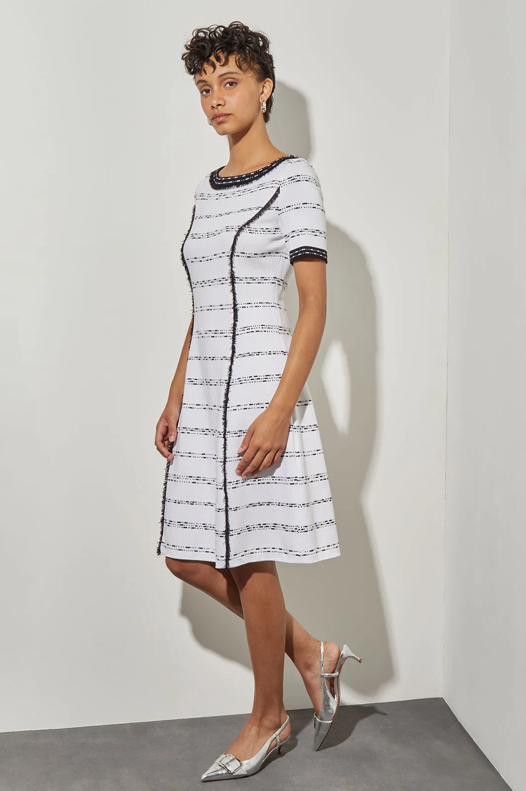 Knee-Length Fit & Flare Dress - Fringe Trim Soft Knit