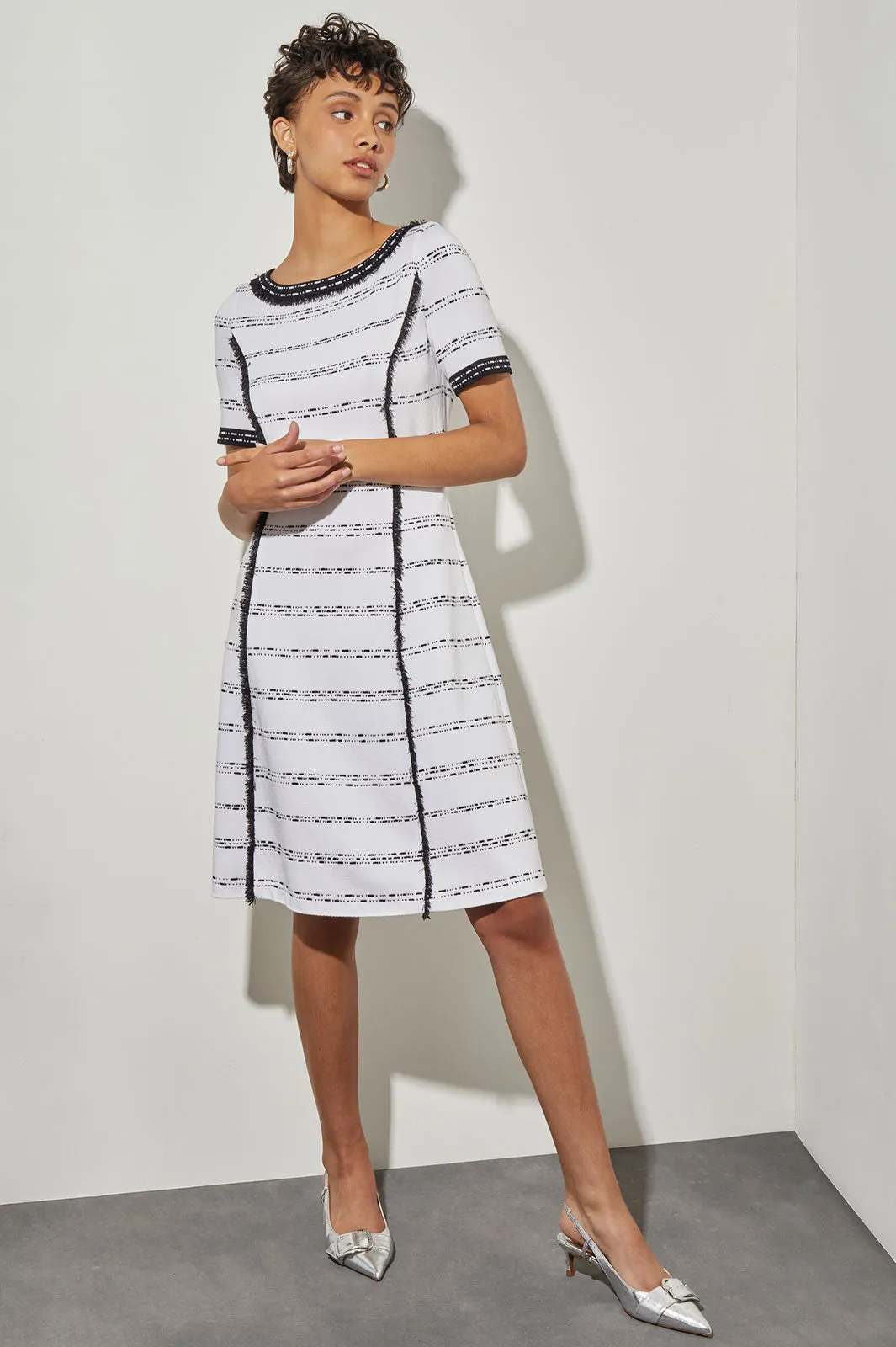 Knee-Length Fit & Flare Dress - Fringe Trim Soft Knit