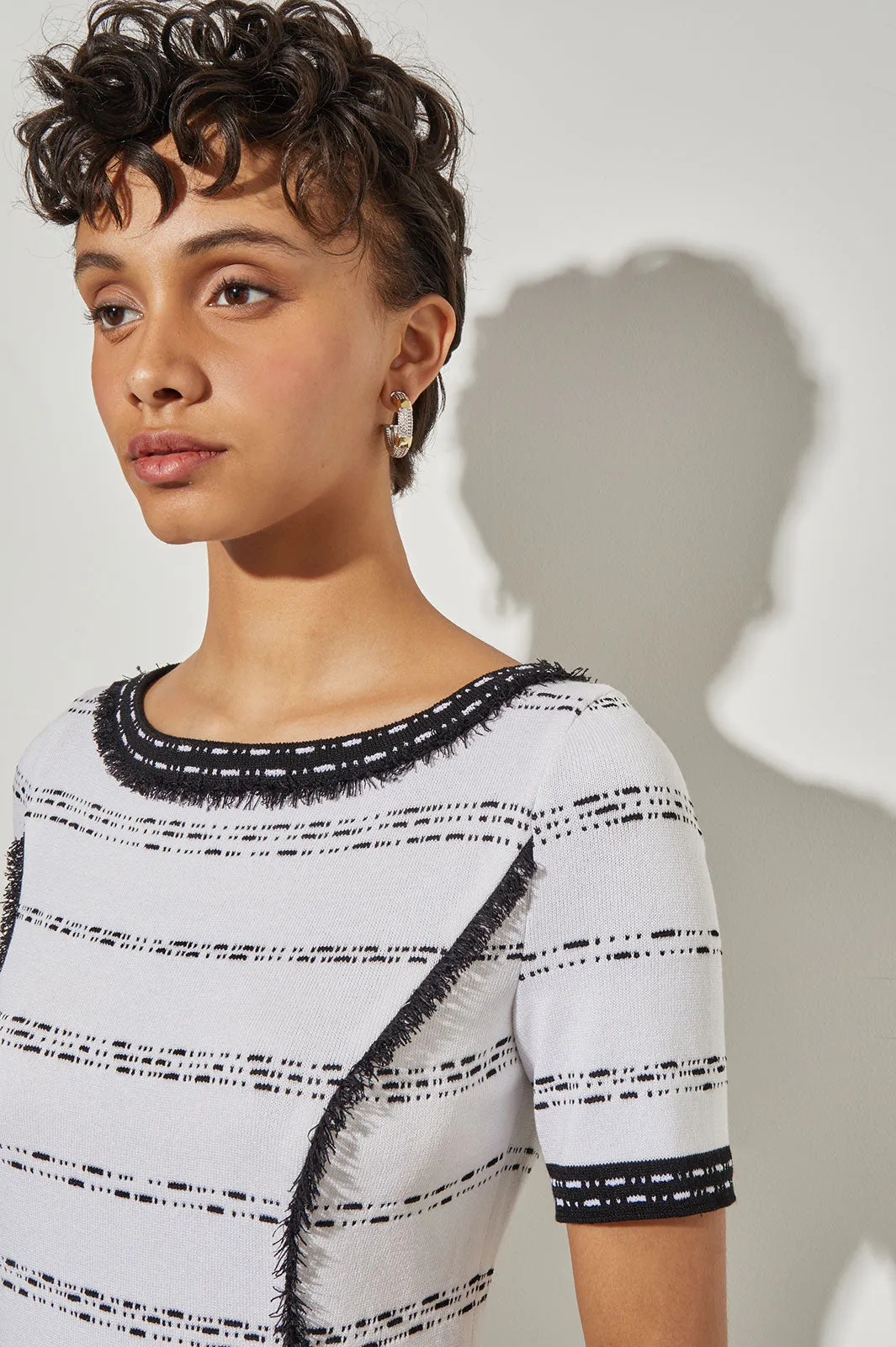 Knee-Length Fit & Flare Dress - Fringe Trim Soft Knit