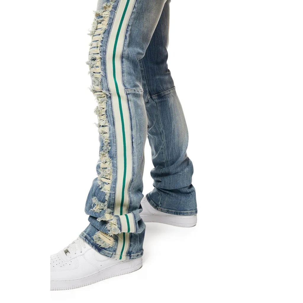 Laser Striped Stacked Denim Jeans - Osaka Blue