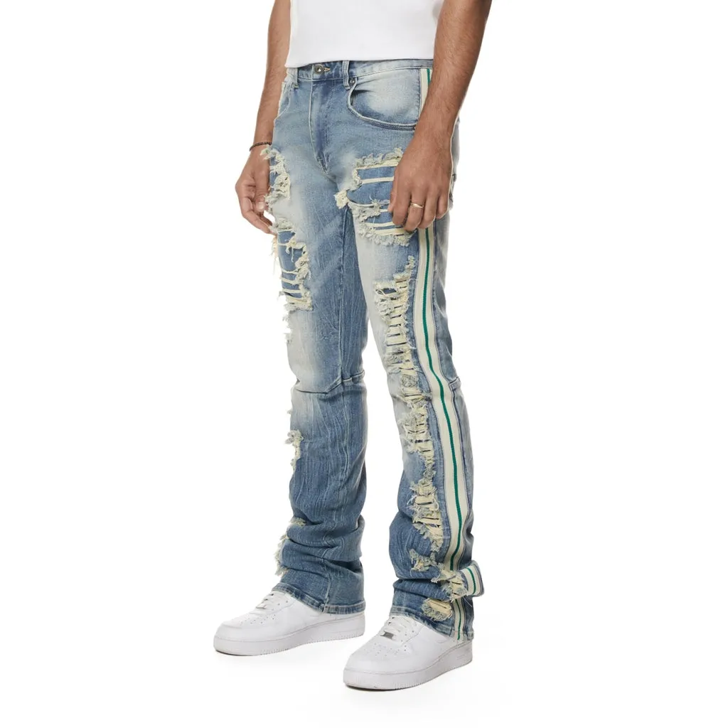 Laser Striped Stacked Denim Jeans - Osaka Blue