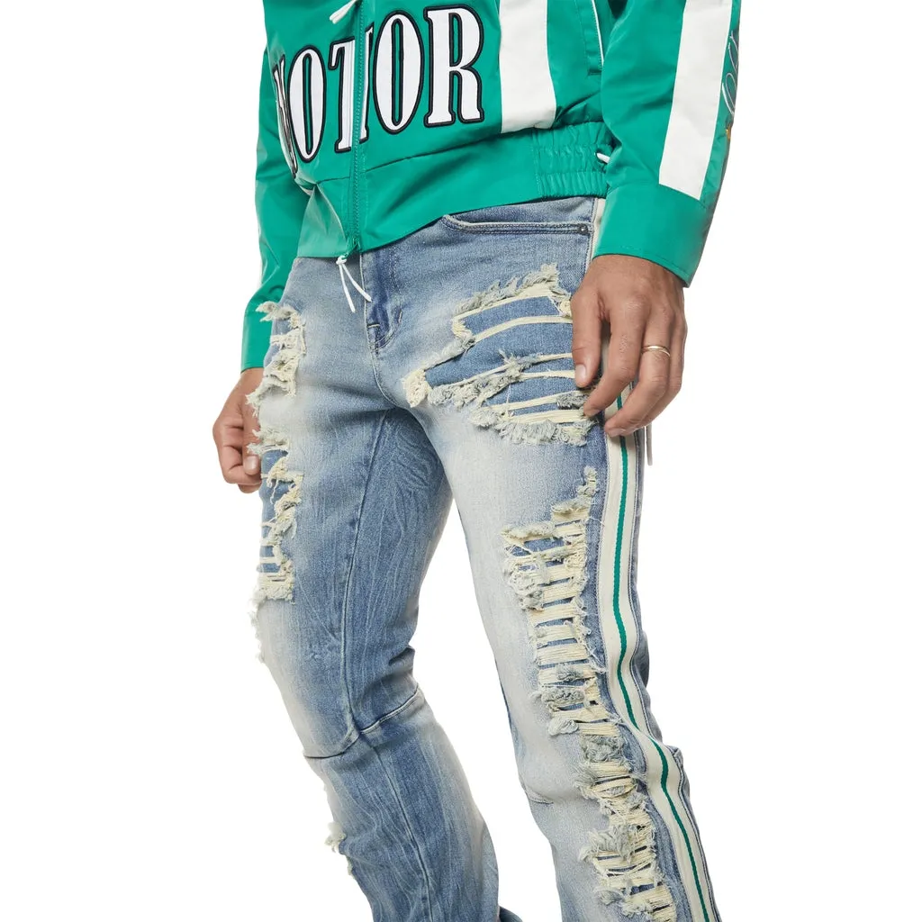 Laser Striped Stacked Denim Jeans - Osaka Blue