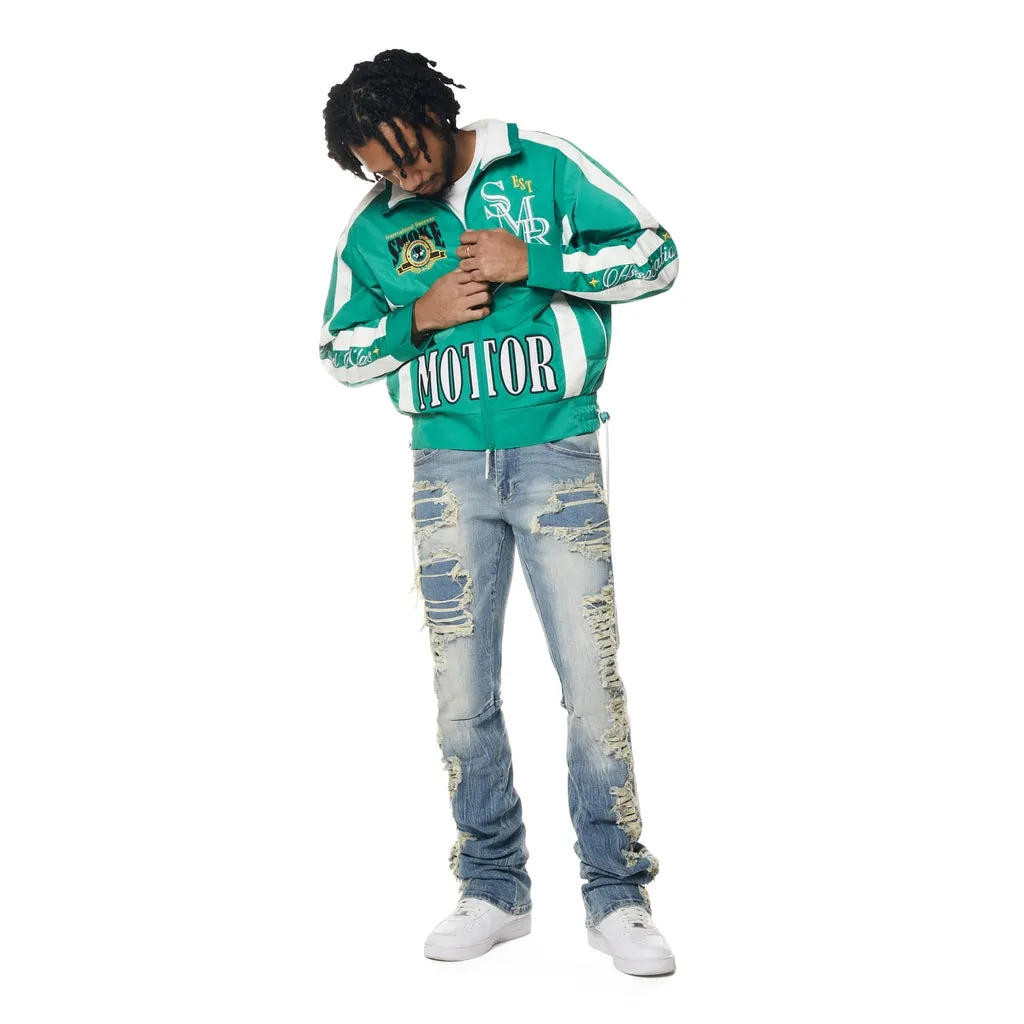 Laser Striped Stacked Denim Jeans - Osaka Blue
