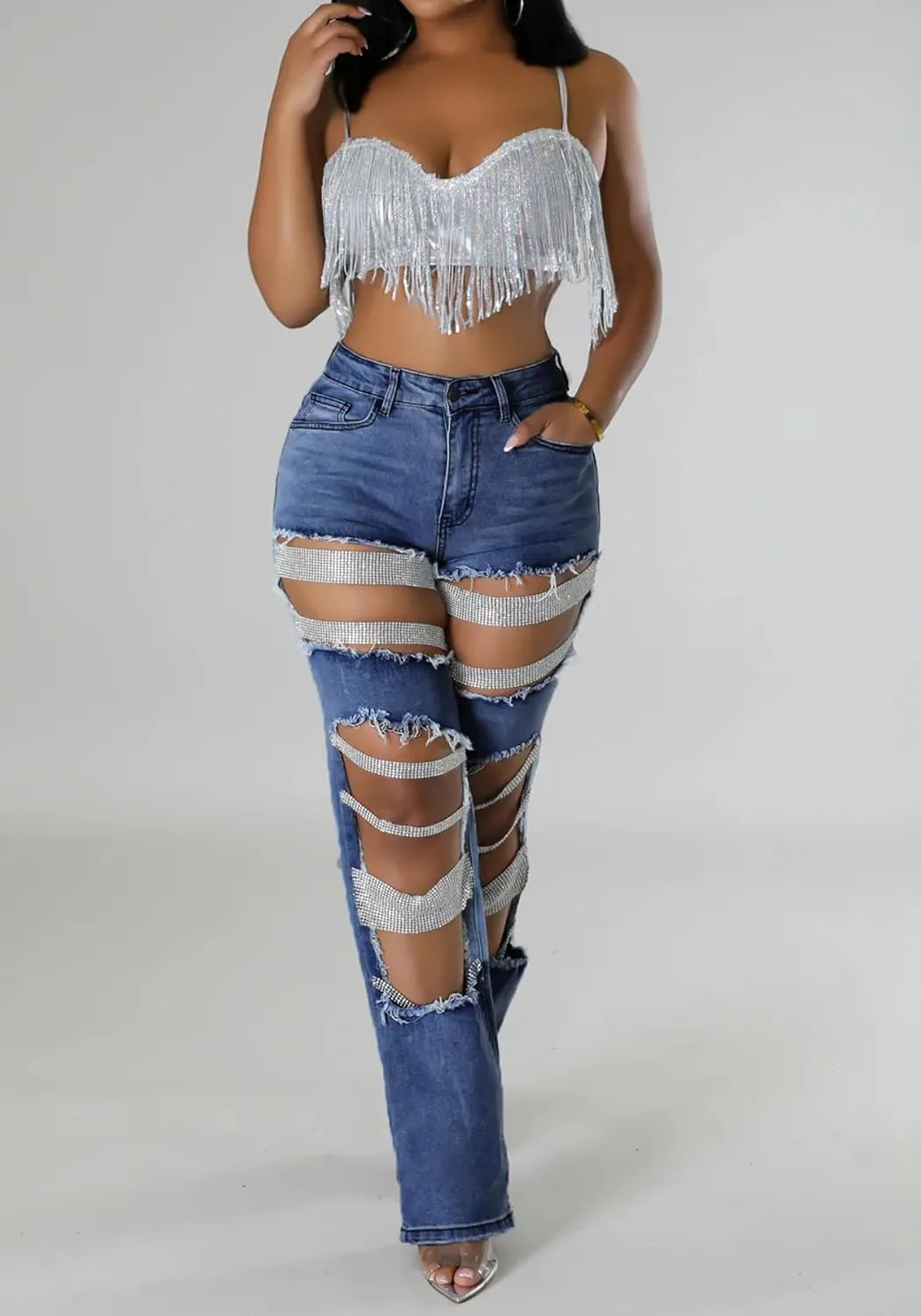 Lucuna Women's Rhinestone Ripped Jeans High Waist Boyfriend Cutout Straight Leg Pearl Distressed Denim Pants