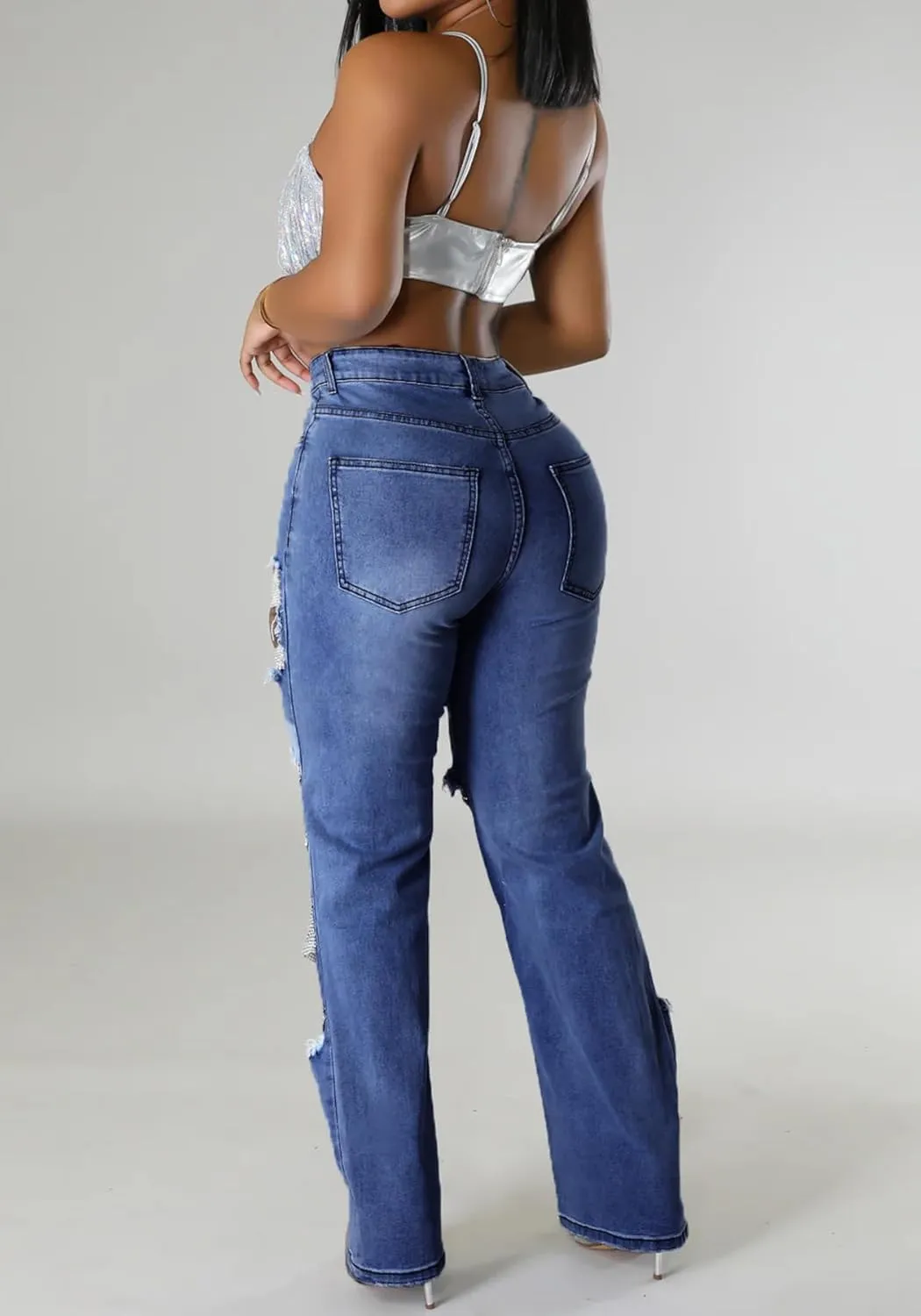Lucuna Women's Rhinestone Ripped Jeans High Waist Boyfriend Cutout Straight Leg Pearl Distressed Denim Pants