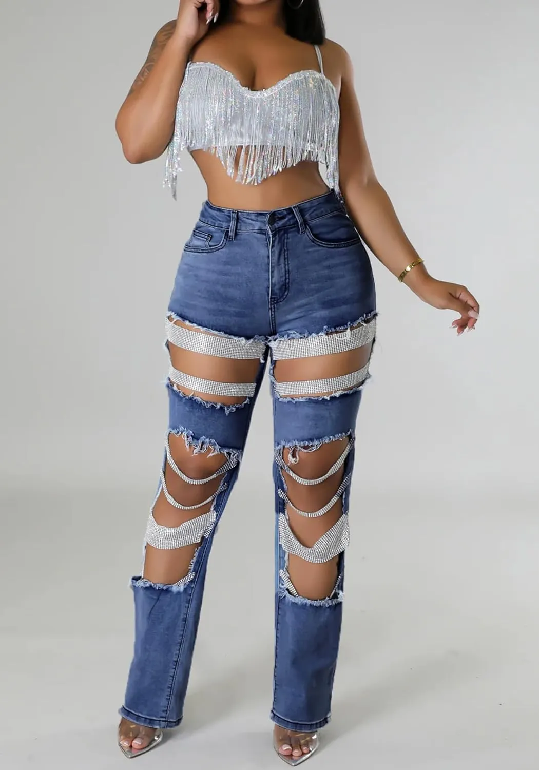 Lucuna Women's Rhinestone Ripped Jeans High Waist Boyfriend Cutout Straight Leg Pearl Distressed Denim Pants