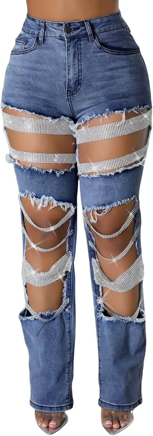 Lucuna Women's Rhinestone Ripped Jeans High Waist Boyfriend Cutout Straight Leg Pearl Distressed Denim Pants