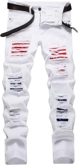 Men Ripped Jeans, Slim Fit Straight Leg, Denim Pants with Holes