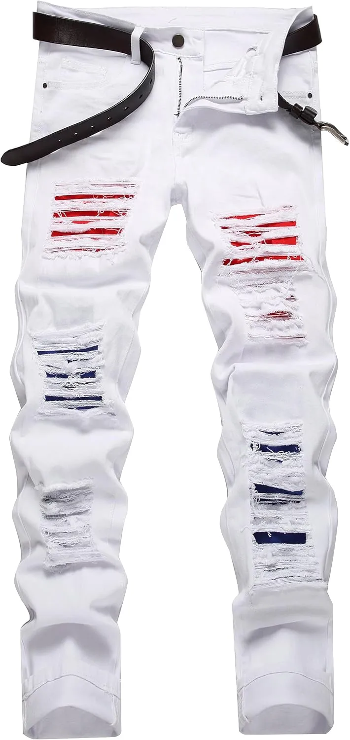 Men Ripped Jeans, Slim Fit Straight Leg, Denim Pants with Holes