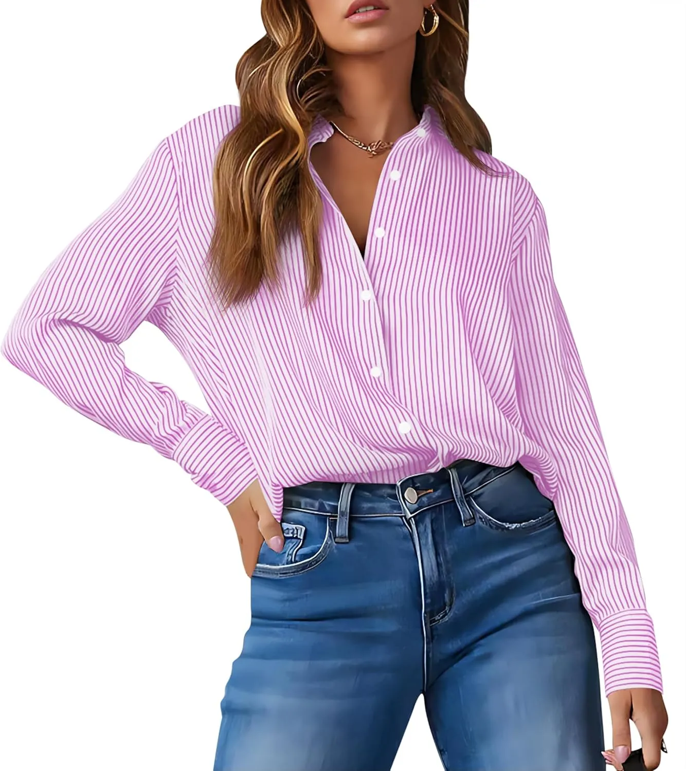 OMSJ Womens Striped Button Down Shirts Casual Long Sleeve Stylish Collared Office Work Blouses Tops