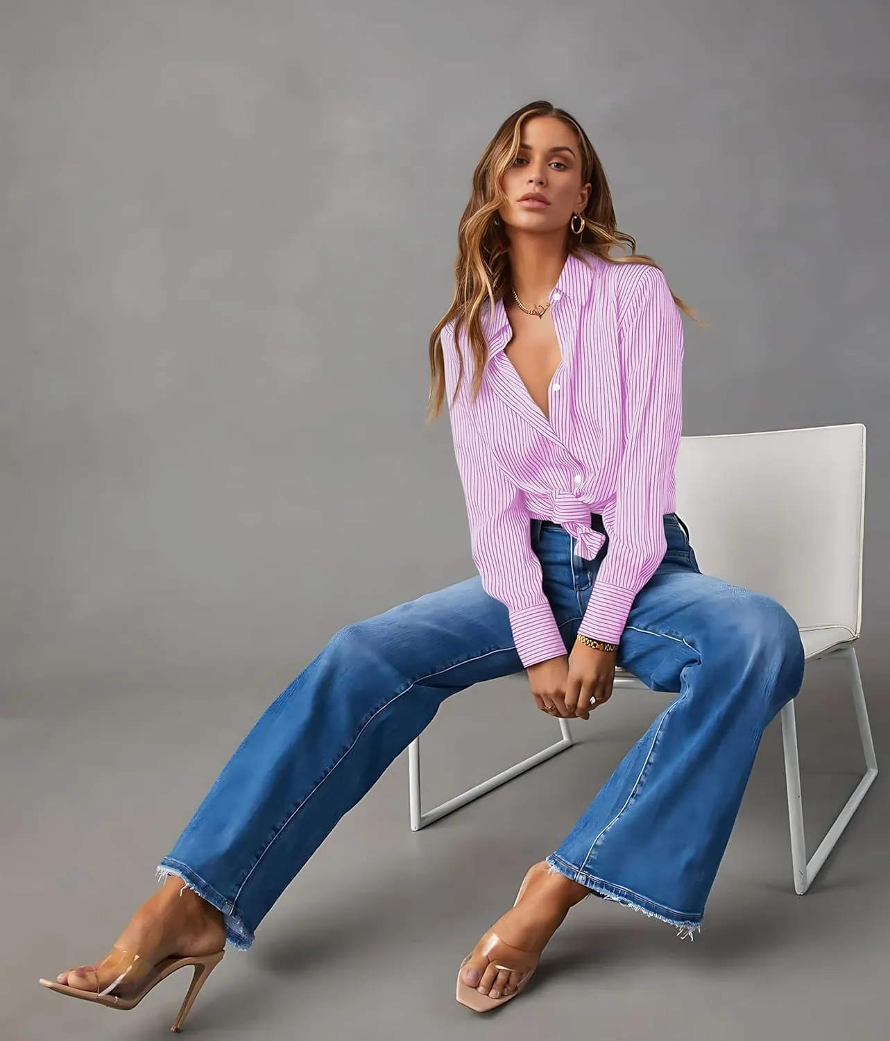 OMSJ Womens Striped Button Down Shirts Casual Long Sleeve Stylish Collared Office Work Blouses Tops