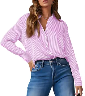 OMSJ Womens Striped Button Down Shirts Casual Long Sleeve Stylish Collared Office Work Blouses Tops