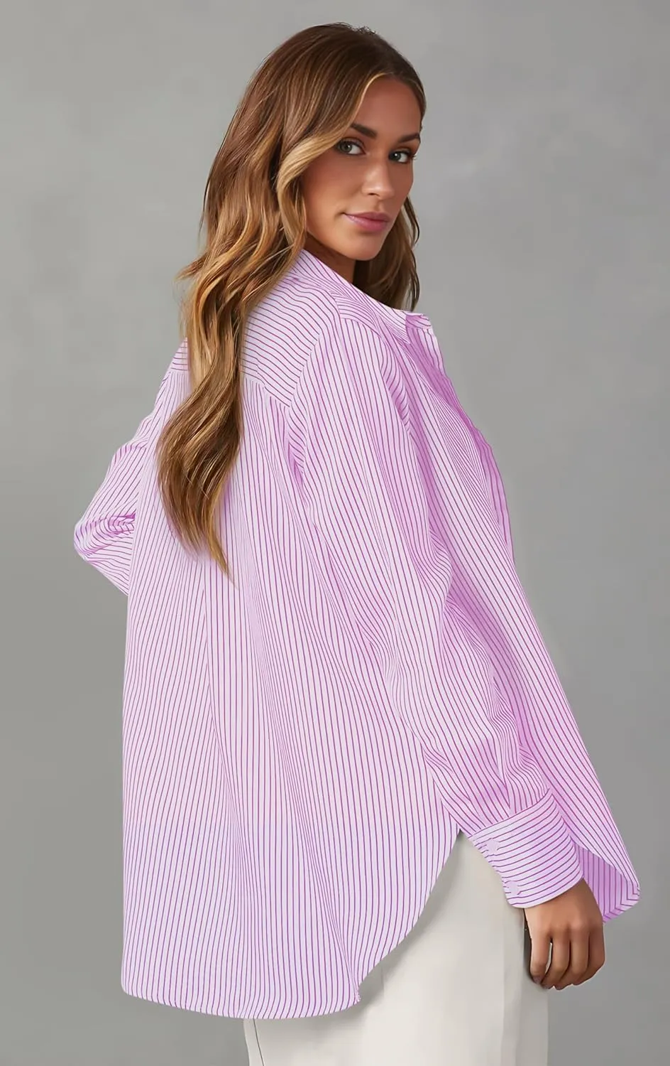 OMSJ Womens Striped Button Down Shirts Casual Long Sleeve Stylish Collared Office Work Blouses Tops
