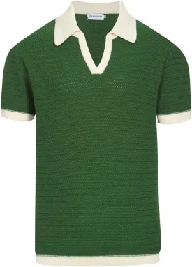 OXKNIT Mens Knit Polo Shirts Vintage Short Sleeve Golf Shirts Textured Retro Poloshirt White V-Neck
